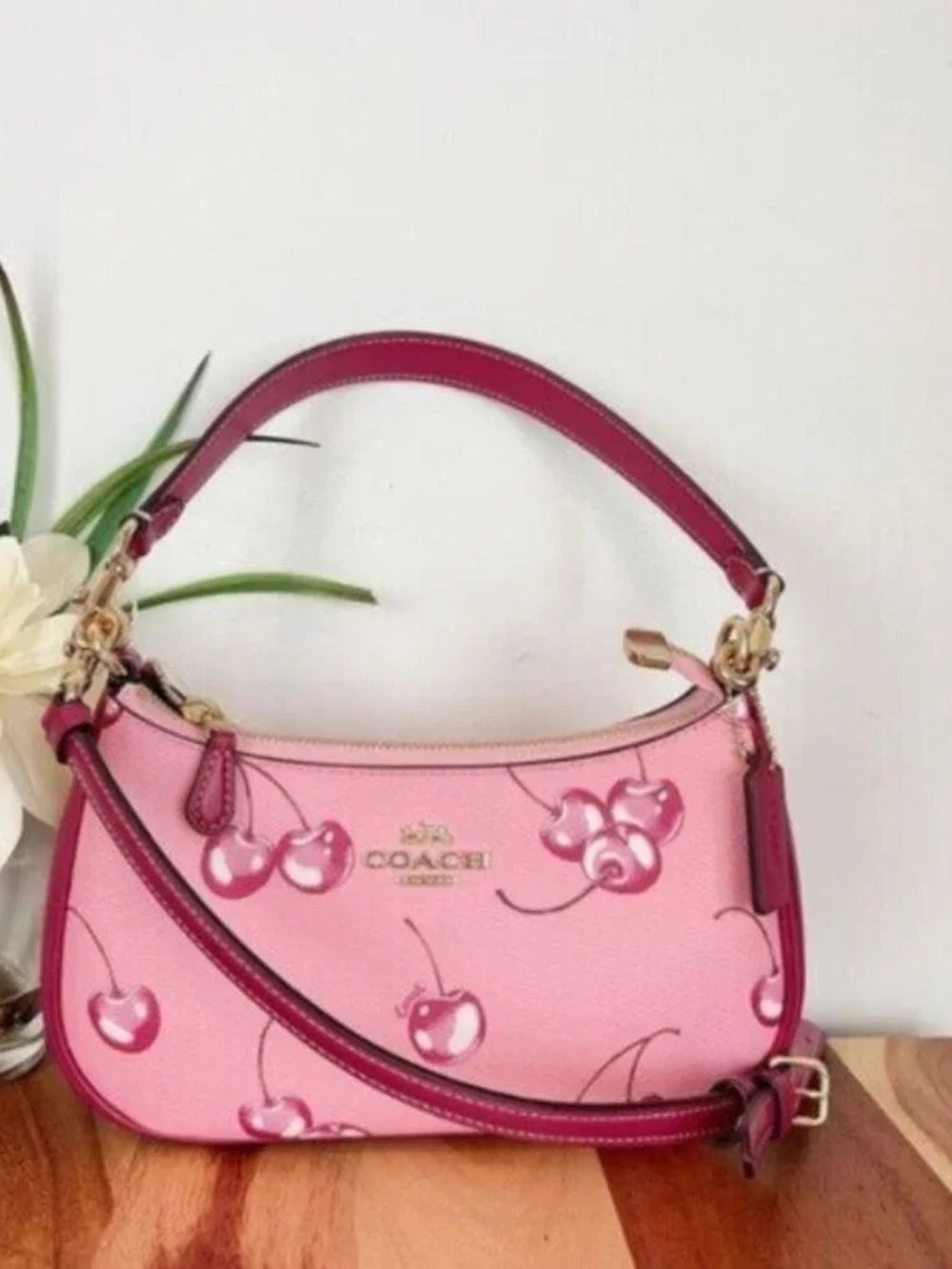Coach Pink Cherry Print Shoulder Bag with Dark Pink Trim